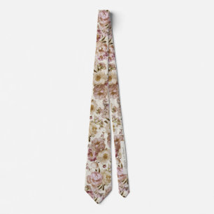 Peony Wedding Pink and Ivory Keepsake Name + Date Neck Tie