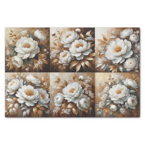 Peony White and Gold Oil Painting Decoupage Tissue Paper