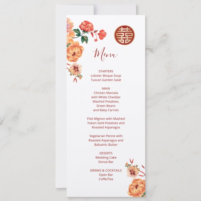 Peony White Chinese Wedding Menu Card (Front)
