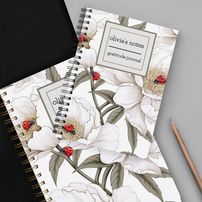 Peony with Ladybugs | Serene | Peace | Gratitude Notebook (Ladybugs and peony on a customizable gratitude journal for her. )
