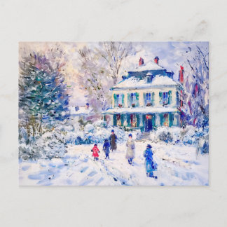 People and children in snowy garden winter scene holiday postcard