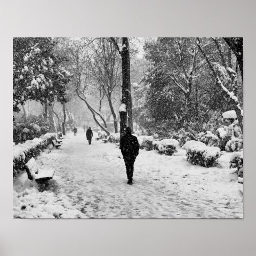 People at park in snowy winter day poster
