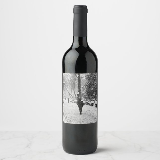 People at park in snowy winter day wine label (Front)