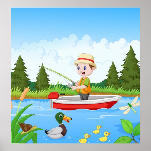 People fishing on the lake poster