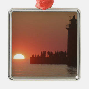 People lighthouse sunset silhouette at South Metal Ornament