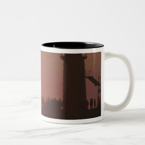 People lighthouse sunset silhouette at South Two_Tone Coffee Mug