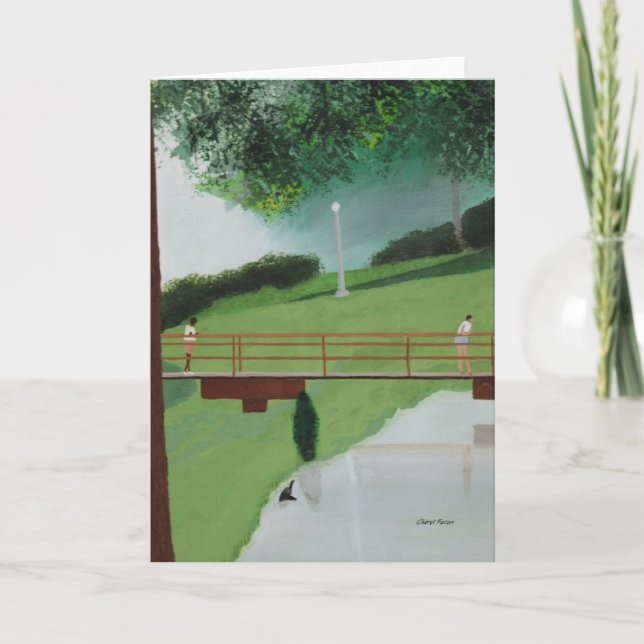 People on a nature boardwalk, pond, greeting cards (Front)