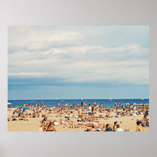 People on brown sand beach poster