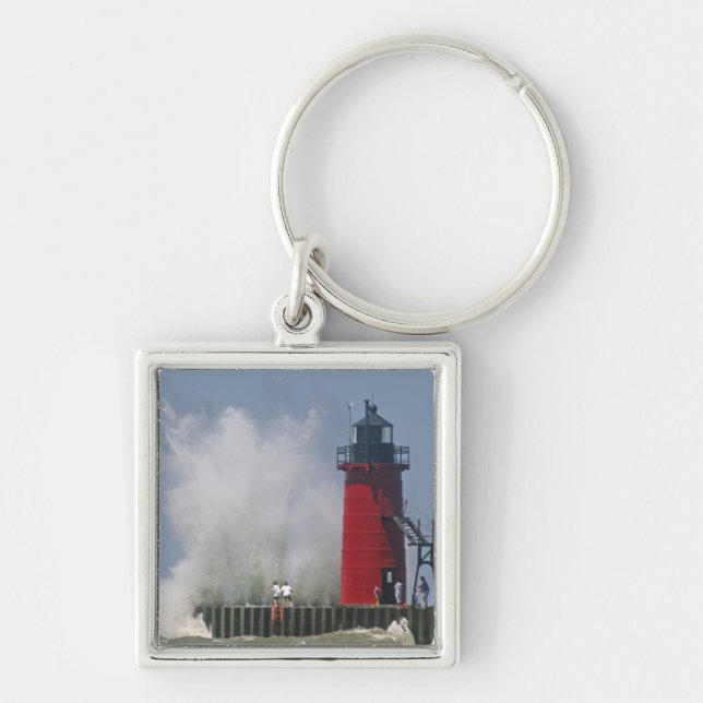 People on jetty watch large breaking waves in 2 keychain (Front)