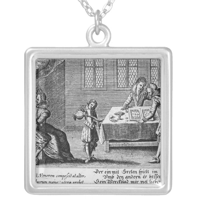 People Playing Backgammon Silver Plated Necklace (Front)
