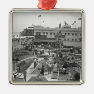 People playing mini golf elevated view B&W Metal Ornament