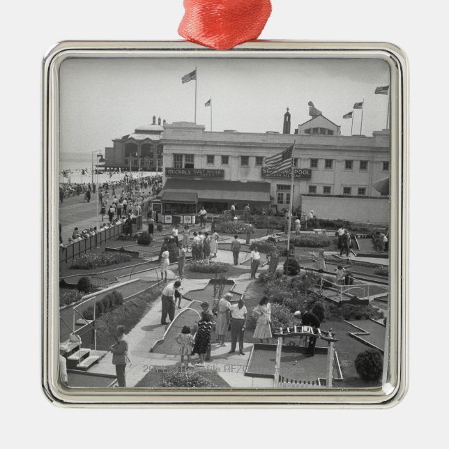 People playing mini golf elevated view B&W Metal Ornament (Front)