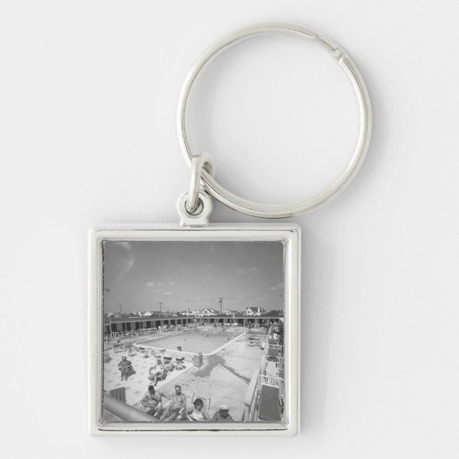 People relaxing at outdoor swimming pool B&W Keychain (Front)