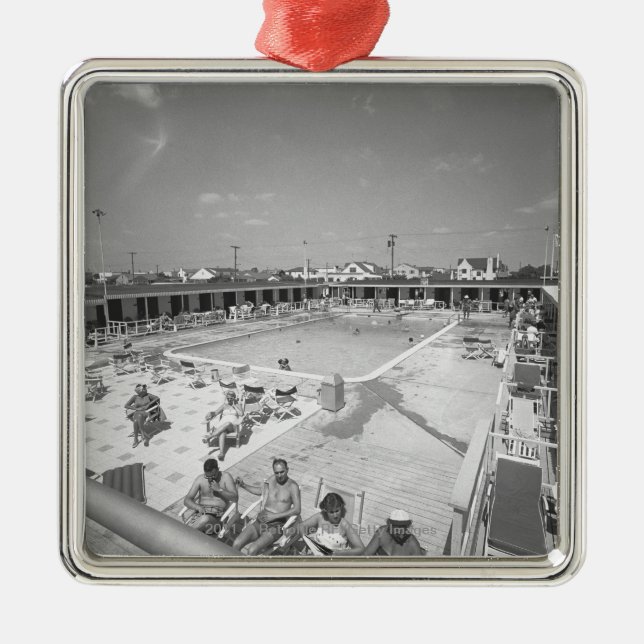 People relaxing at outdoor swimming pool B&W Metal Ornament (Front)