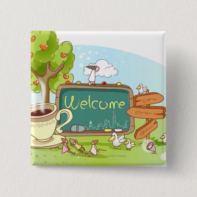 People relaxing by information sign with tea cup pinback button (Front)