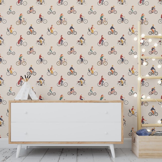 People Ride Bicycle Cycling Colorful Retro Pattern Wallpaper (Creator Uploaded)