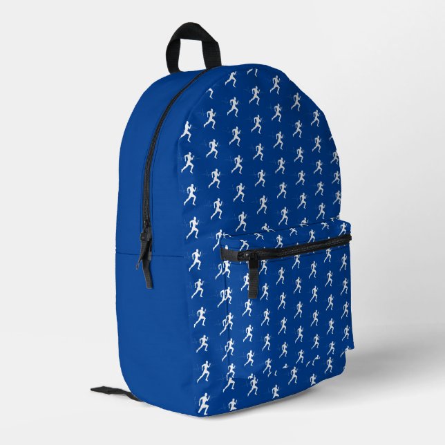 People Running Silhouette HeartBeat Line Blue Printed Backpack (Back Corner Left)