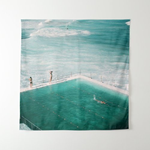 People standing and swimming on swimming pool besi tapestry