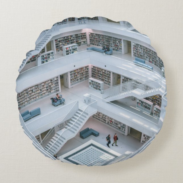 PEOPLE WALKING INSIDE LIBRARY ROUND PILLOW (Front)