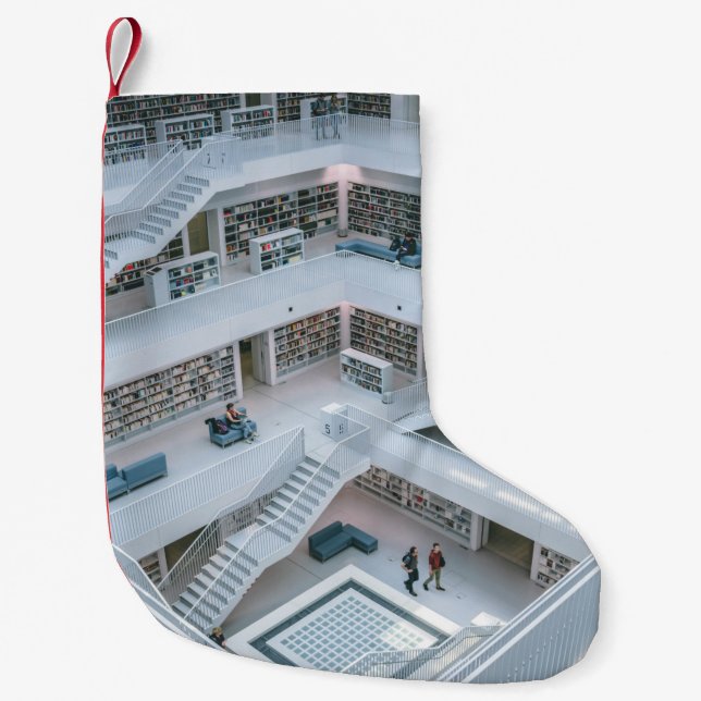 PEOPLE WALKING INSIDE LIBRARY SMALL CHRISTMAS STOCKING (Front)