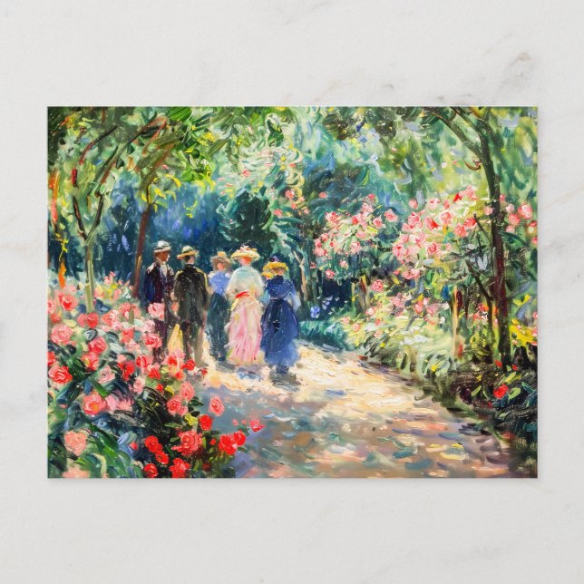 People walking through rose garden holiday postcard (Front)