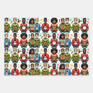 People Wearing Funny Christmas Sweaters Wrapping Paper Sheets