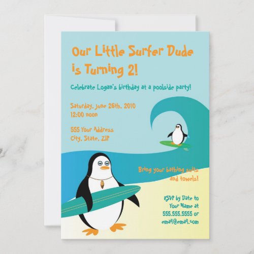 Pepe Surfer Penguin Birthday Invitation _ 5 x 7