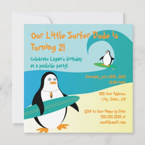 Pepe Surfer Penguin Birthday Invitation _ Square