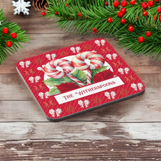 Pepermint Red and White Candy Cane Bow Monogram Beverage Coaster (Creator Uploaded)