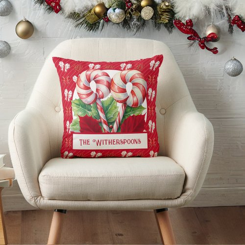 Pepermint Red and White Candy Cane Bow Monogram Throw Pillow