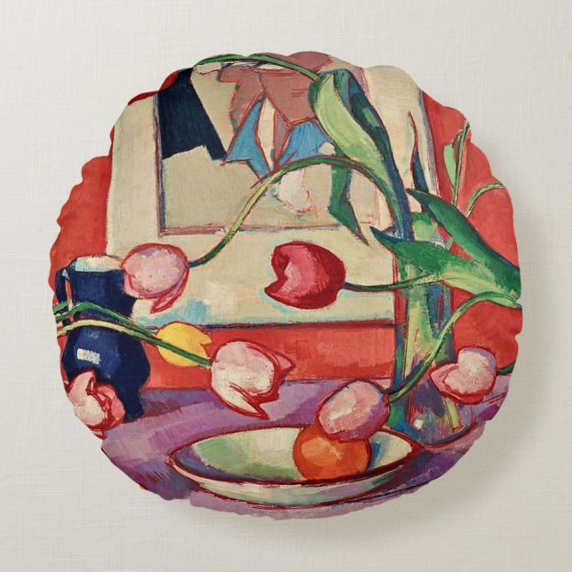 Peploe - Tulips, The Blue Jug Round Pillow (Front)