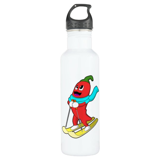 Pepper as Skier with Ski Stainless Steel Water Bottle (Front)