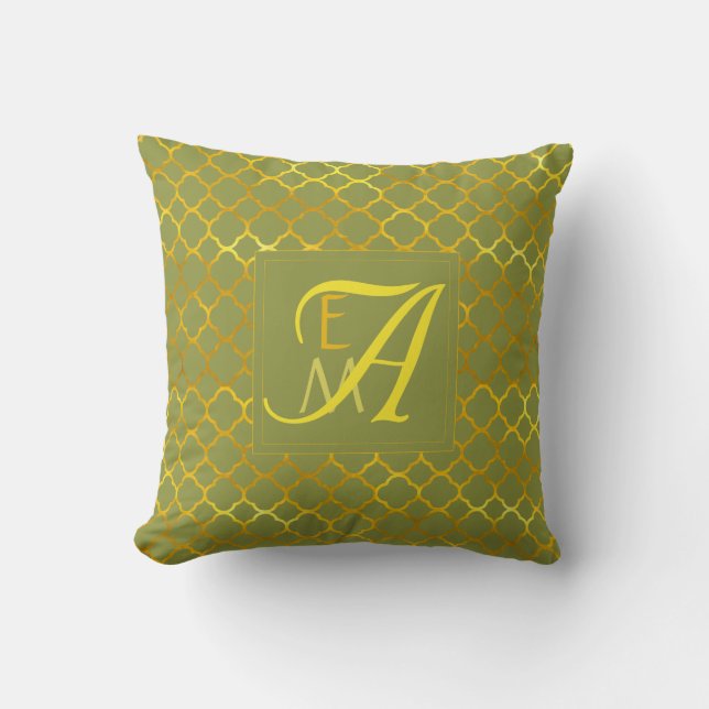 Pepper Stem Quatrefoil MONOGRAM Green Gold Wedding Throw Pillow (Front)