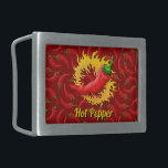 Pepper with Flame Belt Buckle<br><div class="desc">Red chili pepper with circle of flame on seamless pattern. Custom text.</div>