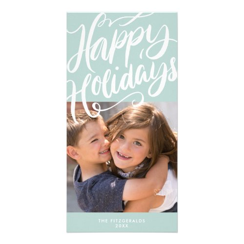 Peppermint Blue Lavish Script Happy Holidays Photo Card