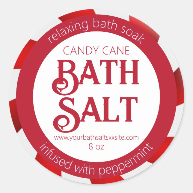 Peppermint Candy Cane Red & White Bath Salt Classic Round Sticker (Front)
