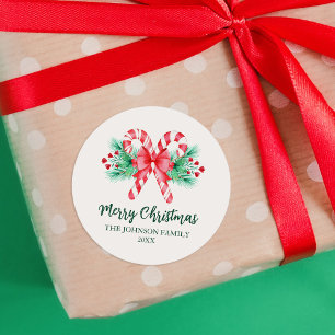 Peppermint Candy Canes and Bow Christmas Classic Round Sticker
