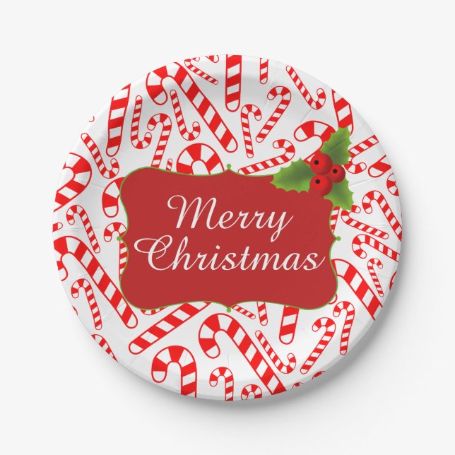 Peppermint Candy Canes Merry Christmas Party Paper Plates (Front)