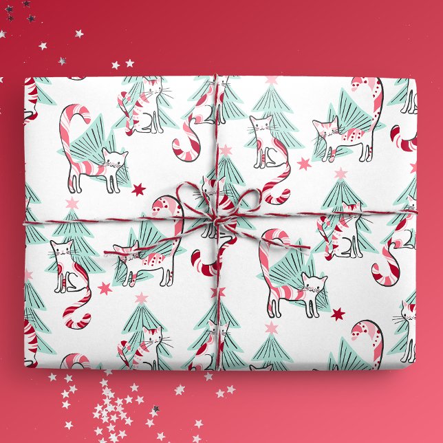 Peppermint Candy Cats and Christmas Trees Wrapping Paper (Peppermint Candy Cats and Christmas Trees Gift Mockup)