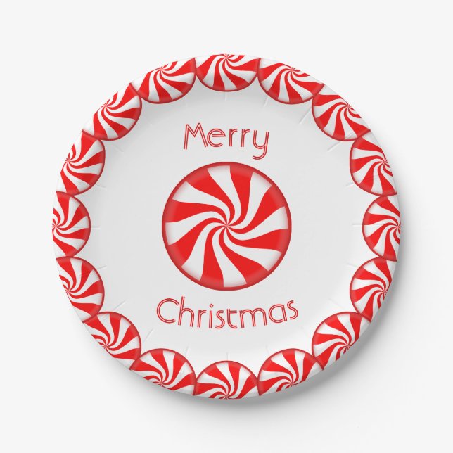 Peppermint Candy Merry Christmas Paper Plates (Front)