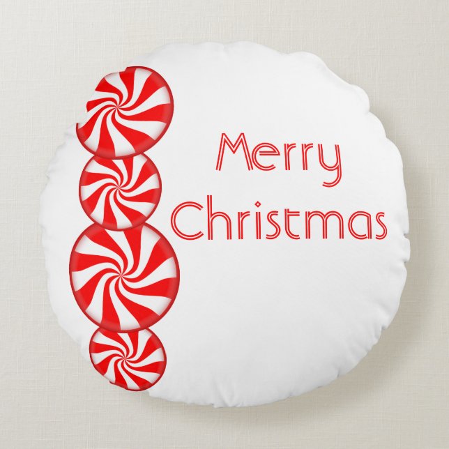 Peppermint Candy Merry Christmas Round Pillow (Front)