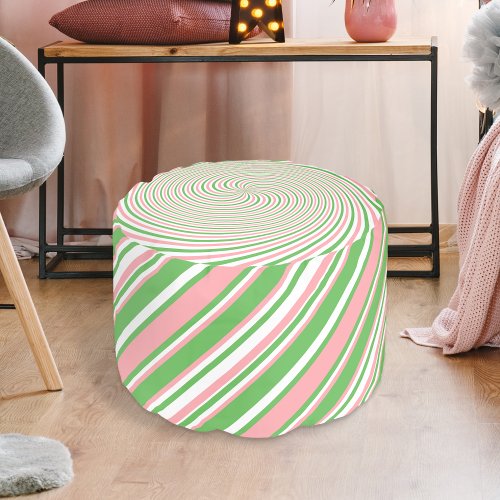 Peppermint Candy Pink and Green Round Pouf