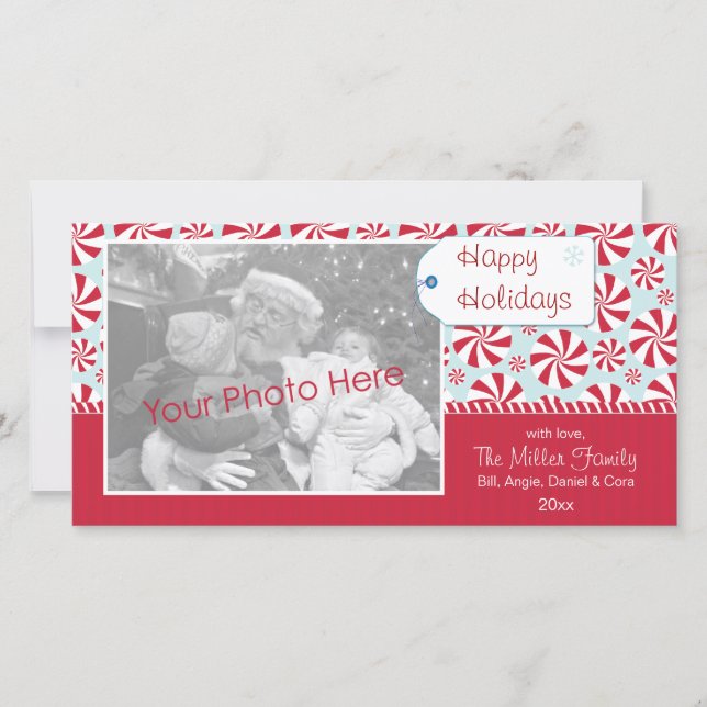 Peppermint Candy Red and Blue Holiday Personalized Card (Front)