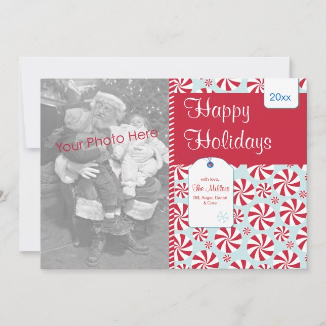 Peppermint Candy Red and Blue Holiday Photo Card (Front)