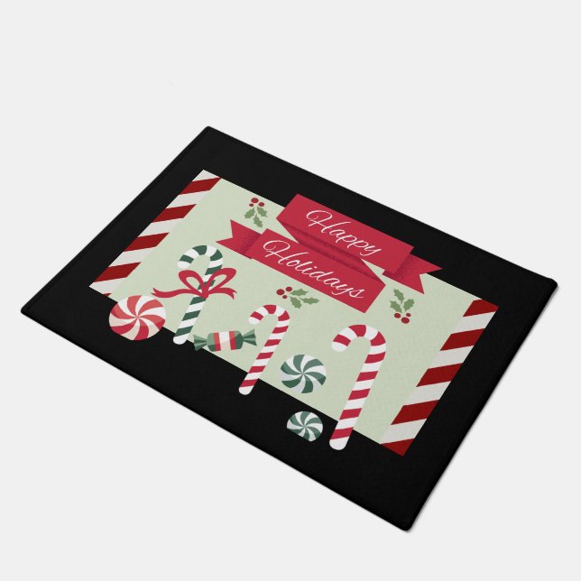 Peppermint Candy Stripe Holly Happy Holidays Merry Doormat (Angled)