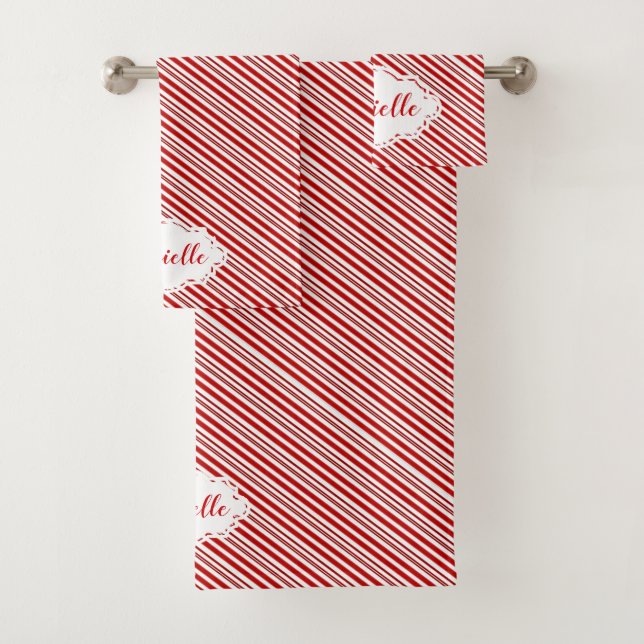 Peppermint candy stripe personalized   bath towel set (Insitu)