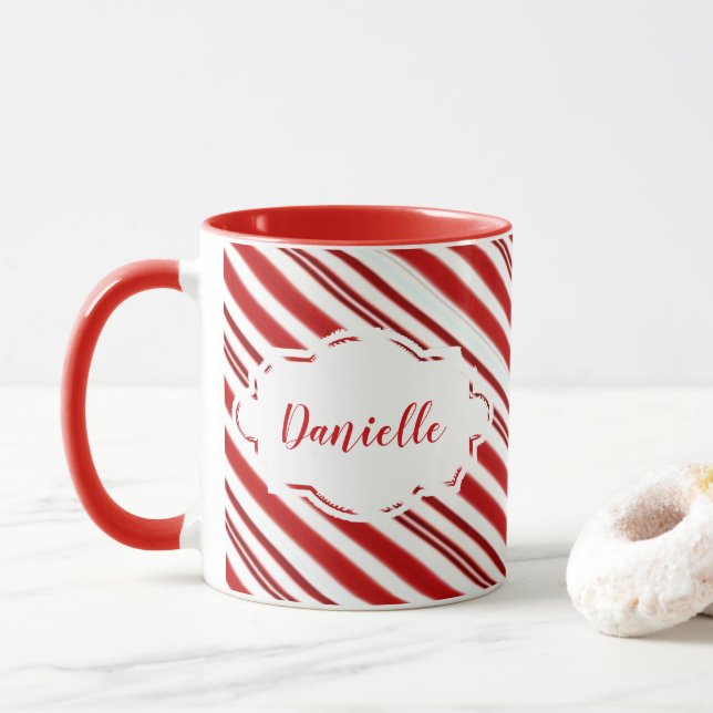 Peppermint candy stripe personalized mug (With Donut)