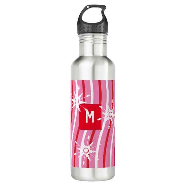 Peppermint Candy Stripes Monogram Name Pillar Stainless Steel Water Bottle (Front)