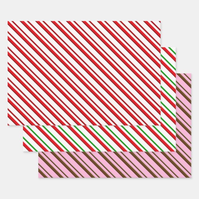 Peppermint Candy Stripes, Red, Green, Pink  Wrapping Paper Sheets (Set)