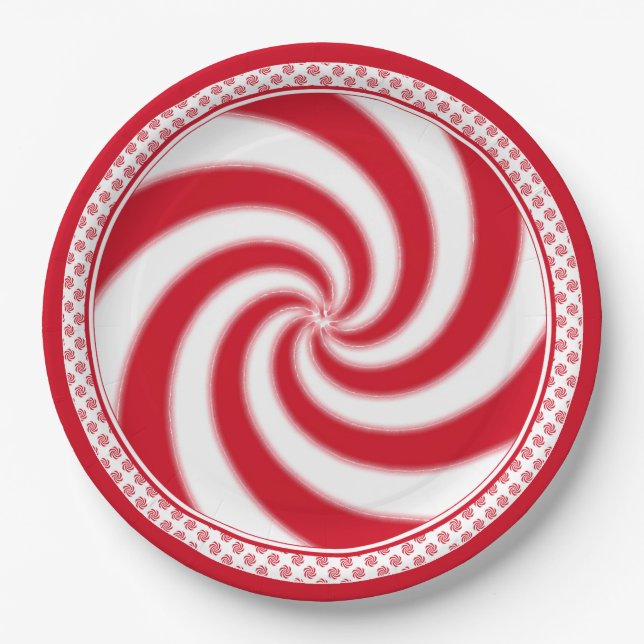 Peppermint Candy Swirl Christmas Holiday Paper Plates (Front)